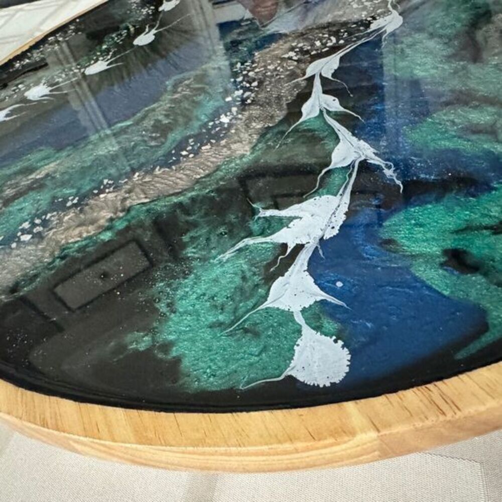 Stunning 21" Handpainted Lazy Susan Abstract Ocean Art Blue White Centerpiece - Picture 6 of 7